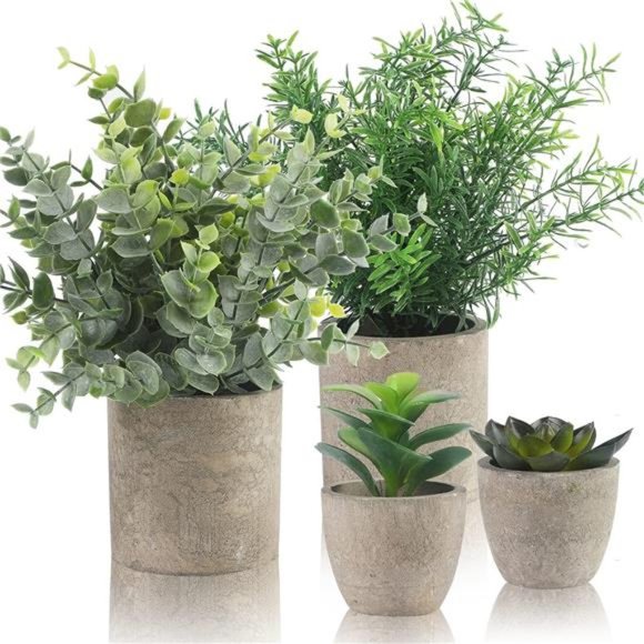 Small Fake Plants Set of 4 - Eucalyptus Rosemary Succulents Plants Artificial - Picture 1 of 6